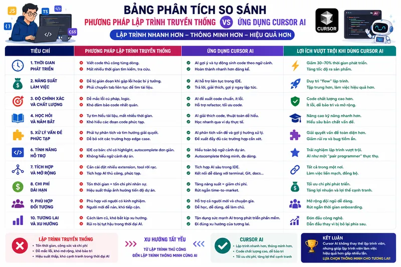 Bảng Phân Tích So Sánh Phương Pháp Lập Trình Truyền Thống Và Ứng Dụng Cursor AI Bảng Phân Tích So Sánh Phương Pháp Lập Trình Truyền Thống Và Ứng Dụng Cursor AI