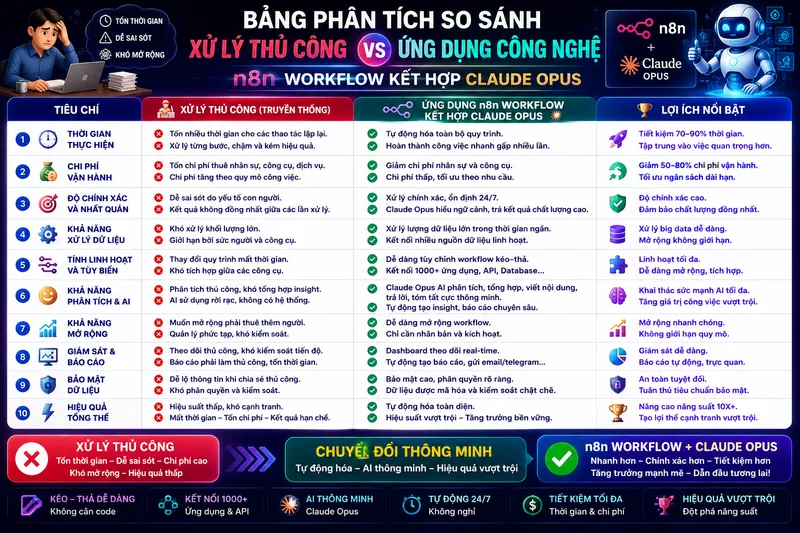 Bảng Phân Tích So Sánh Xử Lý Thủ Công Và Ứng Dụng Công Nghệ Khóa Học n8n Workflow Kết Hợp Claude Opus Từ Cơ Bản Đến Thực Chiến
