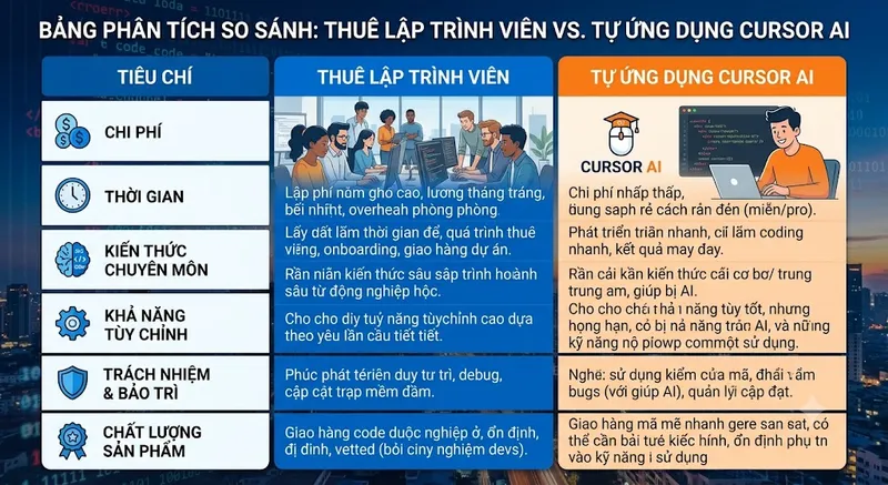 Bảng Phân Tích So Sánh Việc Thuê Lập Trình Viên Và Tự Ứng Dụng Cursor AI