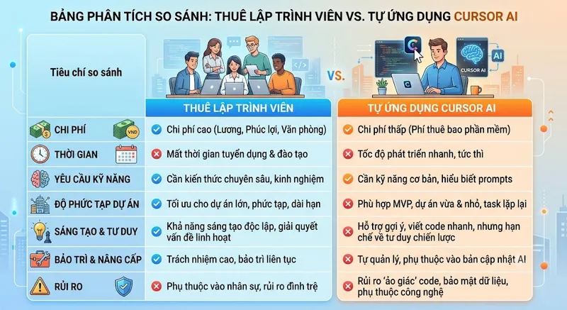 Bảng Phân Tích So Sánh Việc Thuê Lập Trình Viên Và Tự Ứng Dụng Cursor AI