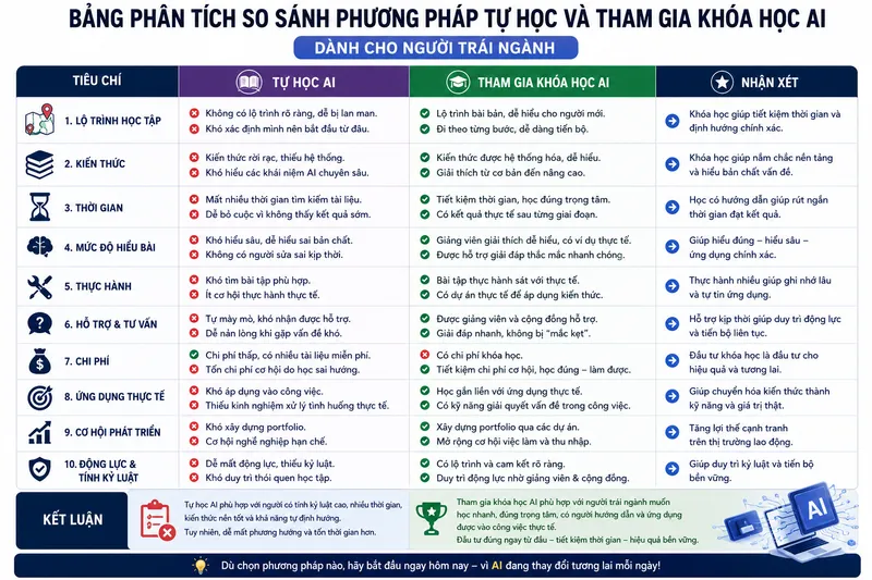 Bảng Phân Tích So Sánh Phương Pháp Tự Học Và Tham Gia Khóa Học AI Dành Cho Người Trái Ngành Bảng Phân Tích So Sánh Phương Pháp Tự Học Và Tham Gia Khóa Học AI Dành Cho Người Trái Ngành