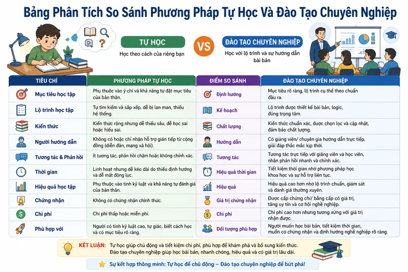 Bảng Phân Tích So Sánh Phương Pháp Tự Học Và Đào Tạo Chuyên Nghiệp
