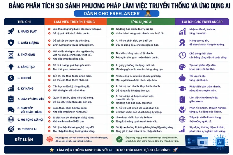 Bảng Phân Tích So Sánh Phương Pháp Làm Việc Truyền Thống Và Ứng Dụng AI Bảng Phân Tích So Sánh Phương Pháp Làm Việc Truyền Thống Và Ứng Dụng AI