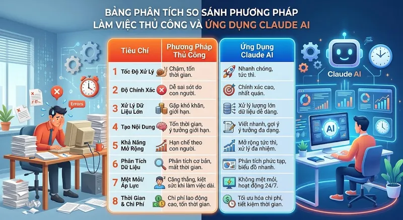 Bảng Phân Tích So Sánh Phương Pháp Làm Việc Thủ Công Và Ứng Dụng Claude AI